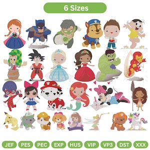 May include: A collection of colorful cartoon character embroidery designs, including superheroes, princesses, and cartoon animals. The image includes the text "6 Sizes" at the top and file type abbreviations at the bottom.
