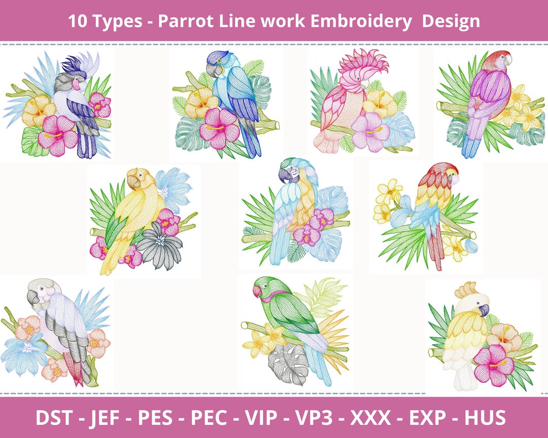 10 Types Parrot Line Work Embroidery Designs – 1 Sizes , Instant ...