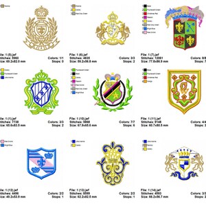 May include: A set of 10 embroidery designs featuring various heraldic crests with crowns, shields, and floral elements. The designs are in a variety of colors, including gold, green, blue, pink, and red. The designs are perfect for adding a touch of elegance to any project.
