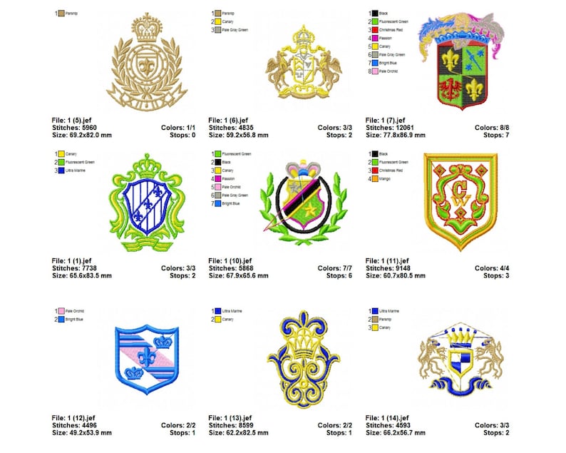 May include: A set of 10 embroidery designs featuring various heraldic crests with crowns, shields, and floral elements. The designs are in a variety of colors, including gold, green, blue, pink, and red. The designs are perfect for adding a touch of elegance to any project.