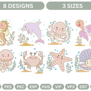 Könnte beinhalten: Acht Stickmuster mit niedlichen Meeresbewohnern, darunter ein Seepferdchen, ein Delfin, ein Oktopus, eine Schildkröte, eine Qualle, ein Krebs, ein Seestern und eine Muschel. Die Designs sind in drei Größen erhältlich.