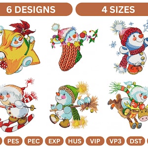 May include: An image showcasing six festive snowman designs, each with a unique theme. The snowmen are depicted in various poses, some wearing hats and scarves, and others with accessories like skis and a reindeer. The text "6 DESIGNS" and "4 SIZES" is displayed at the top.