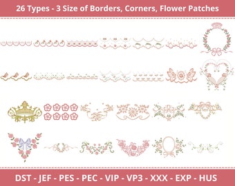 26 Type Borders, Corners, Flower Patches Embroidery Design Bundle - 3 Sizes,Instant Download