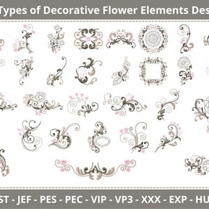 Peut inclure: Image présentant 30 motifs décoratifs floraux. Les motifs présentent des éléments floraux en marron, gris et rose, avec des volutes et des ornements détaillés. Le texte en haut indique "30 Types of Decorative Flower Elements Design".