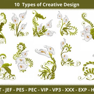 white calla lilies and decorative green foliage machine embroidery design, floral embroidery pattern, instant download