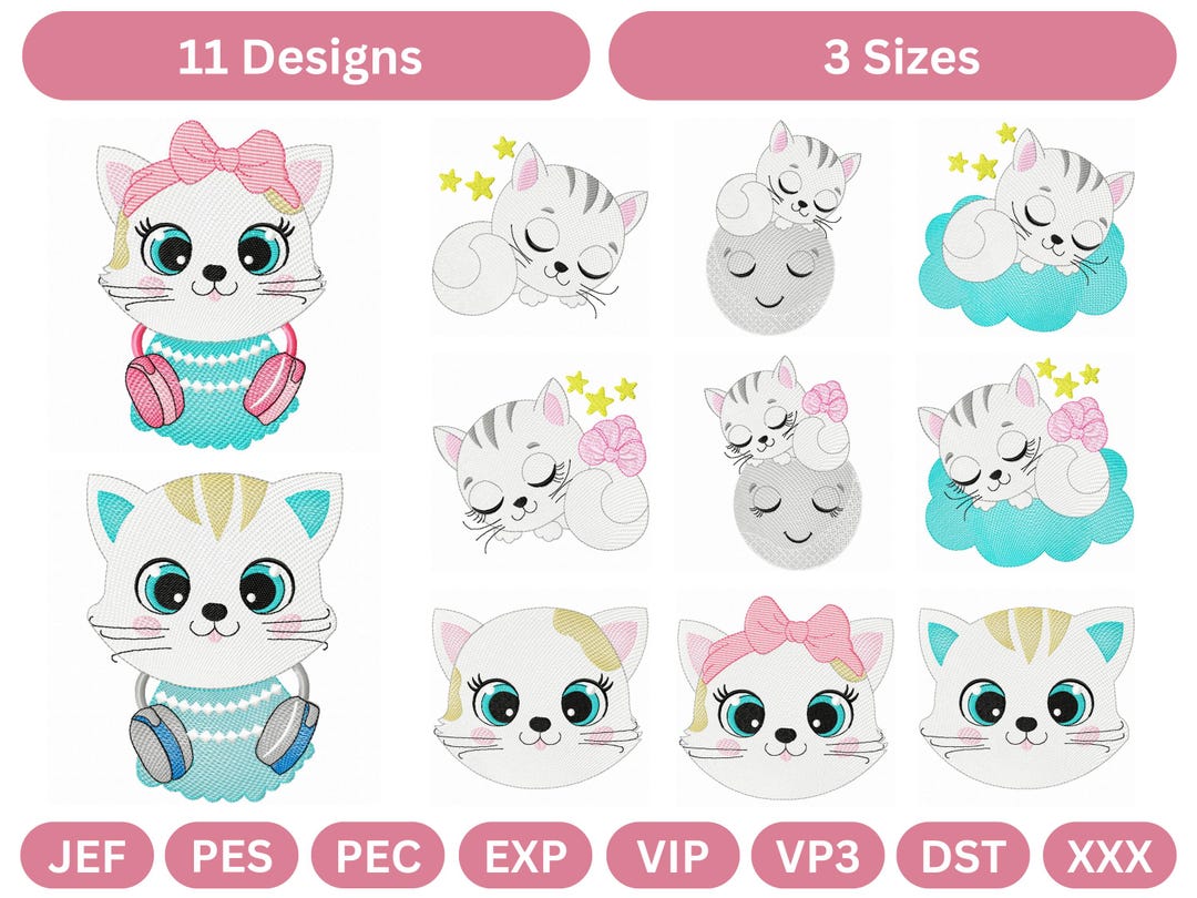 Cute Cat Machine Embroidery Design Bundle - 11 Adorable Kitten Patterns ...