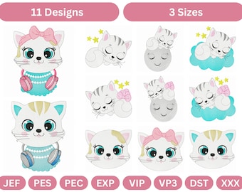 Cute Cat Machine Embroidery Design Bundle - 11 Adorable Kitten Patterns - Instant Download Digital Files in 3 Sizes -