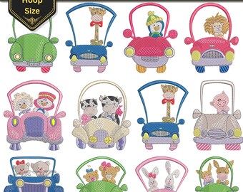 Animals Driving Cars machine embroidery, 12 Jungle Farm Animal design - 1 Size