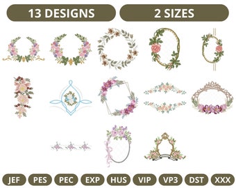 Creative Floral Wreath & Frames Embroidery Design, Instant Download