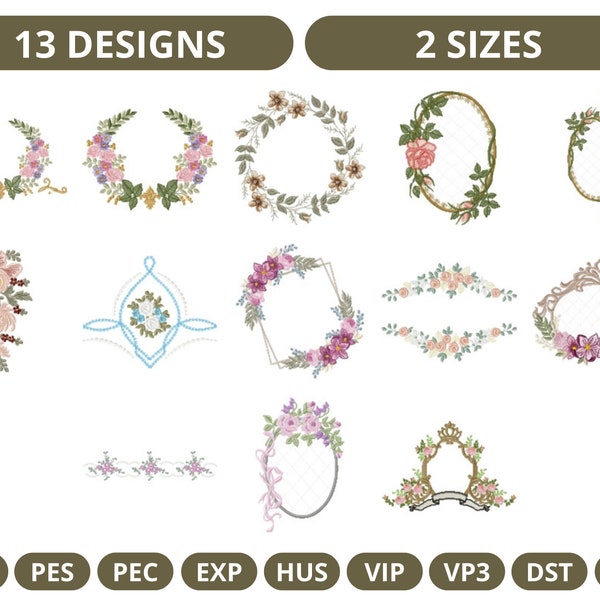 Creative Floral Wreath & Frames Embroidery Design, Instant Download