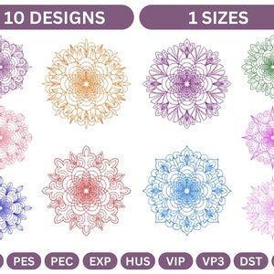 May include: Ten colourful mandala designs in various colours, including purple, blue, green, pink, and orange. The designs are in a circular shape and have intricate details. The image also includes the text "10 DESIGNS" and "1 SIZES".