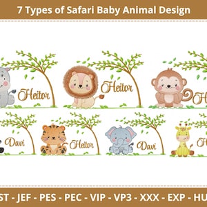 May include: Seven different embroidery designs featuring baby animals in a safari theme. The animals include a zebra, lion, monkey, elephant, giraffe, tiger, and hippopotamus. Each design includes the name "Heitor" or "Davi" written in cursive.