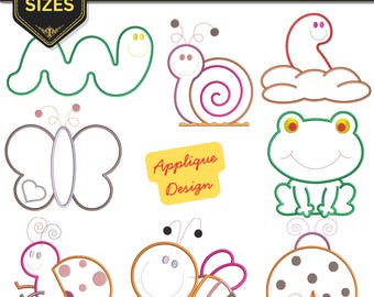 Garden Bugs Applique machine embroidery, 8 Insect Butterfly Frog Ladybug design - 3 Sizes,