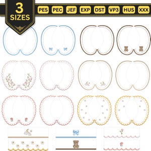 Puede incluir: Un conjunto de diseños de bordado digital con varias formas de cuello y patrones de borde. Los diseños incluyen motivos de ositos de peluche, lazos azules, rosas, margaritas y lunas crecientes. La banda superior muestra el texto 3 SIZES.