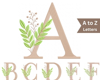 Monogramm Alphabet Blatt Stickdatei | Botanische Blumenbuchstaben A bis Z | 4 Größen | 20x20 cm Stickdatei für die Stickmaschine
