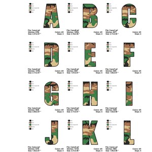 Pode incluir: Um conjunto de 12 letras do alfabeto em um padr&atilde;o de camuflagem. As letras est&atilde;o em uma fonte em negrito, de bloco e s&atilde;o delineadas em preto. O padr&atilde;o de camuflagem &eacute; uma mistura de verde, marrom e bege.