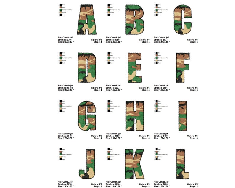 Pode incluir: Um conjunto de 12 letras do alfabeto em um padr&atilde;o de camuflagem. As letras est&atilde;o em uma fonte em negrito, de bloco e s&atilde;o delineadas em preto. O padr&atilde;o de camuflagem &eacute; uma mistura de verde, marrom e bege.