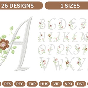 Diseños de bordados con alfabeto floral / 26 letras elegantes / Monograma para bordar a máquina / Descarga digital