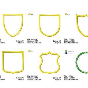 May include: Set of ten embroidery designs featuring different shield shapes in yellow. The designs are perfect for creating personalized patches, iron-on transfers, or adding a decorative touch to your projects.
