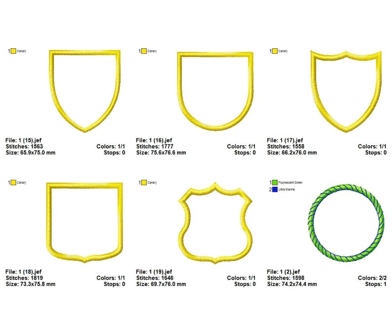 May include: Set of ten embroidery designs featuring different shield shapes in yellow. The designs are perfect for creating personalized patches, iron-on transfers, or adding a decorative touch to your projects.
