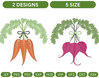 Carrot and Radish Root Vegetable Embroidery Design, Garden Vegetable files - 5 Sizes