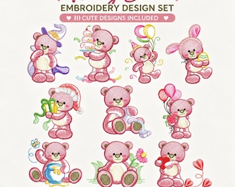 Teddy Bear Embroidery Design Set - 10 Cute Designs Instant Download - 1 Size