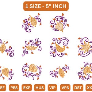 Puede incluir: Ocho diseños de bordado que presentan hojas de otoño estilizadas con enredaderas moradas. Los diseños tienen un tamaño de 5 pulgadas y están disponibles en los siguientes formatos: JEF, PES, EXP, HUS, VIP, VP3, DST y XXX.