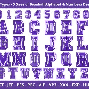 Baseball Alphabet and Numbers embroidery set - A to Z and numbers 0 to 9, all styled with a fun baseball stitch theme designs - 5 sizes