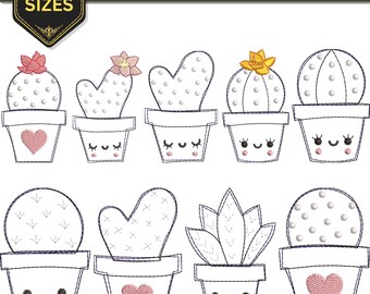 Cactus Machine Embroidery Design Bundle, Heart Cactus Smiling Face Pot - 3 Sizes,