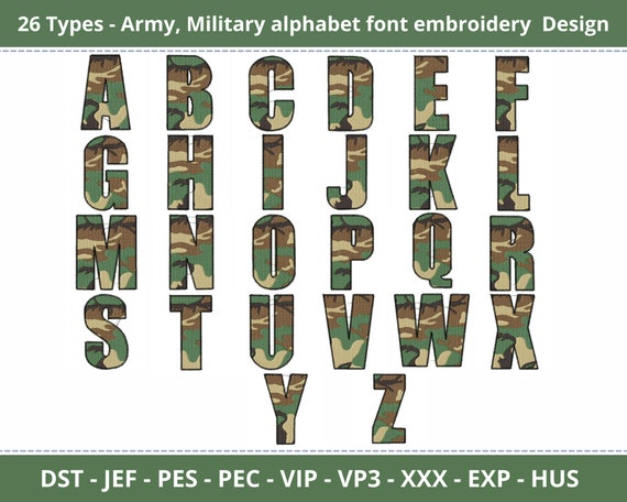 Military Camouflage Alphabet Embroidery Design – Army Style Font – 26 Letters – Instant Download