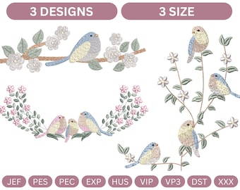 Song bird Blossom Branch Embroidery Machine Design - 3 Sizes