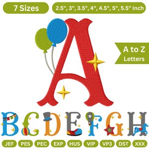 Puede incluir: Una letra "A" roja bordada con estrellas amarillas y globos verdes y azules. La imagen también muestra las letras "A a Z" y los tamaños 6,35 cm, 7,62 cm, 8,89 cm, 10,16 cm, 11,43 cm, 12,7 cm y 13,97 cm. También se muestran letras adicionales de la B a la H.