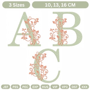 May include: Three embroidered letters, A, B, and C, in a pale green shade, each decorated with a coral-colored floral pattern. The image includes text indicating three sizes and measurements of 10, 13, and 16 cm.