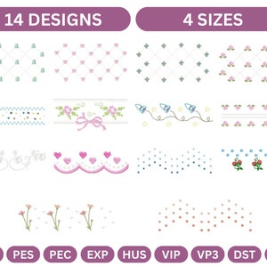 May include: A set of 14 embroidery designs in 4 sizes. The designs include floral patterns, geometric shapes, and a rocket ship. The file formats are JEF, PES, PEC, EXP, HUS, VIP, VP3, DST, and XXX.
