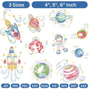 Pode incluir: Desenhos bordados com tema espacial com foguetes, planetas e um astronauta. Os desenhos estão disponíveis em 3 tamanhos: 10,16 cm, 12,7 cm e 15,24 cm. Os desenhos incluem vários formatos de arquivo, como JEF, PES e EXP.