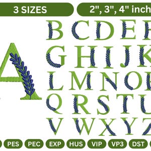 Fuente de bordado con acento de hoja elegante – Letras del alfabeto serif – 3 tamaños (2", 3", 4") – Archivos de bordado a máquina, 9 formatos - formato bx