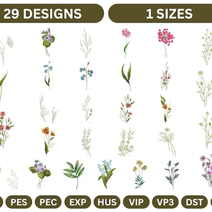 Op de afbeelding: 29 borduurmotieven van verschillende bloemen in verschillende kleuren, waaronder wit, roze, blauw, oranje en paars. De motieven zijn in een rasterpatroon op een witte achtergrond gerangschikt. De tekst "29 DESIGNS" en "1 SIZES" staat bovenaan de afbeelding.