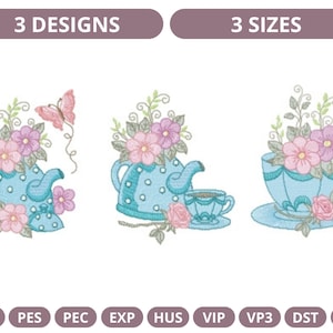 Tea Pot Machine Embroidery Design-3 Types-3 Sizes-Instant Download