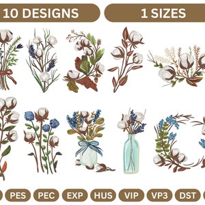 Peut inclure: Dix motifs de broderie représentant des bouquets de fleurs de coton, des couronnes et des brins dans différentes compositions. Les motifs sont disponibles en une seule taille et dans plusieurs formats de fichiers, notamment JEF, PES, PEC, EXP, HUS, VIP, VP3, DST et XXX.