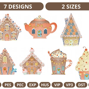 May include: Seven gingerbread house designs in two sizes, including a gingerbread teapot, a gingerbread mug, and a gingerbread cupcake. The designs are colorful and feature candy cane accents, sprinkles, and hearts.