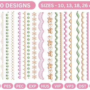 May include: An image featuring 20 embroidery designs in diverse styles, including floral and geometric patterns. The designs are available in sizes 10, 13, 18, and 26 cm. The image also displays file formats such as JEF, PES, and EXP.