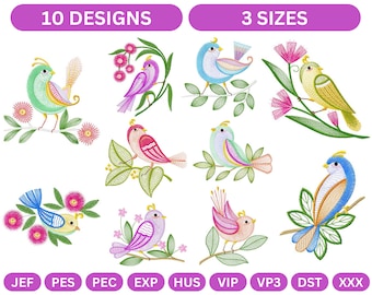 Precioso conjunto de 10 diseños de bordado de pájaros: pájaros posados en ramas y rodeados de flores. 3 tamaños disponibles. Descarga instantánea.