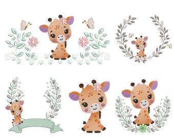 Baby Giraffe Embroidery Design Set, Floral Nursery machine Embroidery, Instant Download