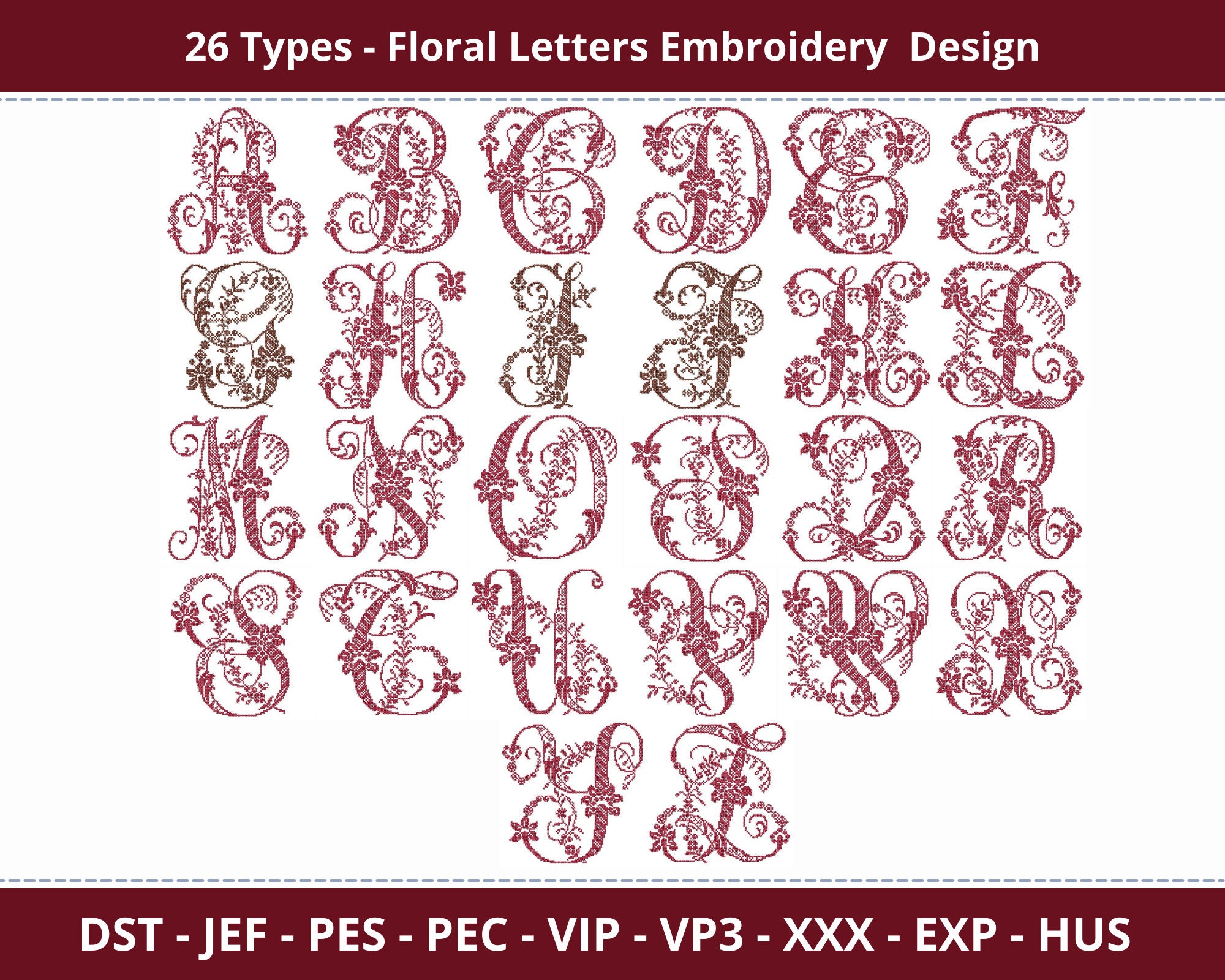 26 Design Floral Letters Embroidery Design - Font - Monogram - Numbers ...