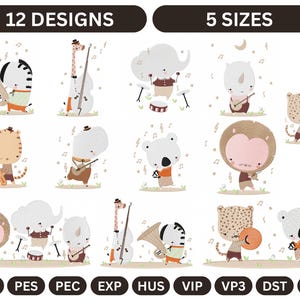 Adorable Animal Band Embroidery Designs – 12 Unique Patterns in 5 Sizes | Instant Download for kids' clothing, nursery decor