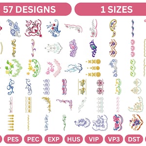 May include: A collection of 57 embroidery designs in various colors and styles. The designs include floral patterns, paisley motifs, and geometric shapes. The image also includes the text "57 DESIGNS" and "1 SIZES".