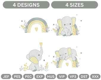 4 Arten Regenbogen-Elefant-Stickmuster, Baby-Elefant-Stickmuster, Designpaket - 4 Größen, sofortiger Download