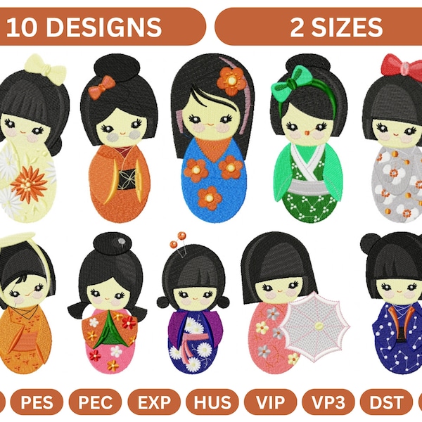 10 Types Japanese Doll Embroidery Designs – 2 Size , Instant Download