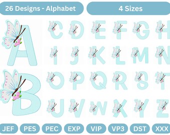 Butterfly Alphabet Embroidery Designs – 26 Letters – 4 Sizes – Cute Monogram Machine Files in 9 Formats