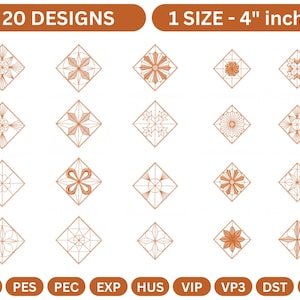 May include: Twenty geometric designs in diamond shapes, in brown tones. The text at the top reads "20 DESIGNS" and "1 SIZE - 4" inch". File format abbreviations are shown below. These designs are likely for embroidery or digital art, each 10.16 cm.